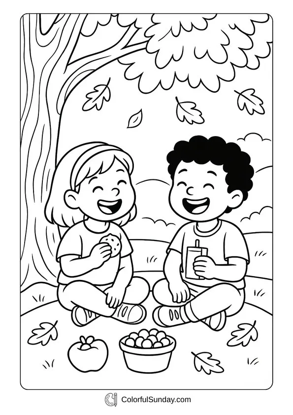 September Friends Picnic Coloring Page Two smiling kids sharing snacks under a big tree with autumn leaves, captured in a fun picnic September coloring page.