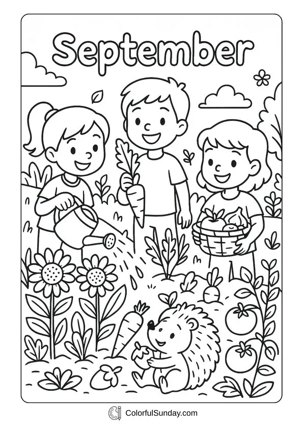 September Garden Fun Coloring Page Children gardening in September with flowers, vegetables, and a hedgehog in a coloring page.