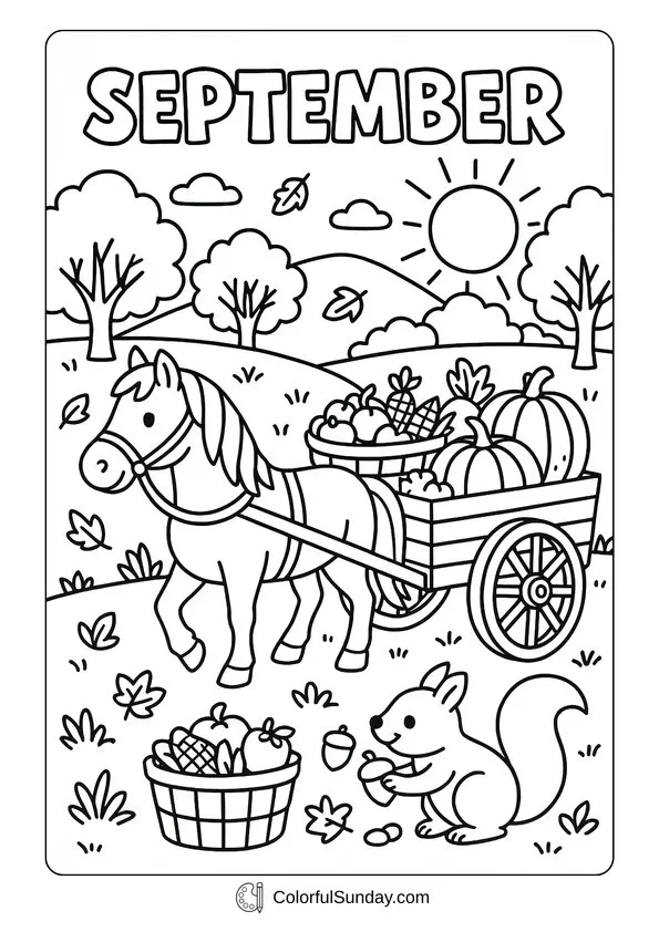 September Harvest Wagon Coloring Page Harvest wagon pulled by a horse filled with pumpkins and apples in a September coloring page.