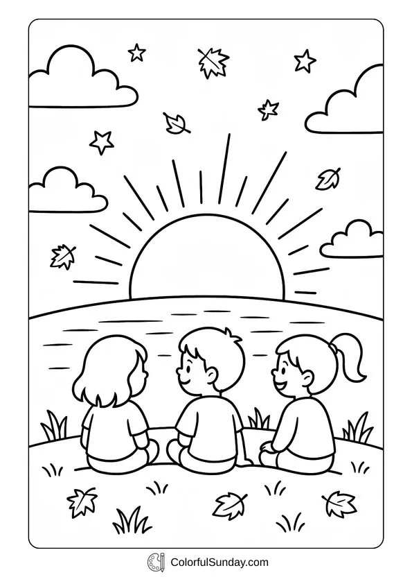 September Magical Sunset Coloring Page Three kids sitting together watching a magical September sunset in a coloring page.