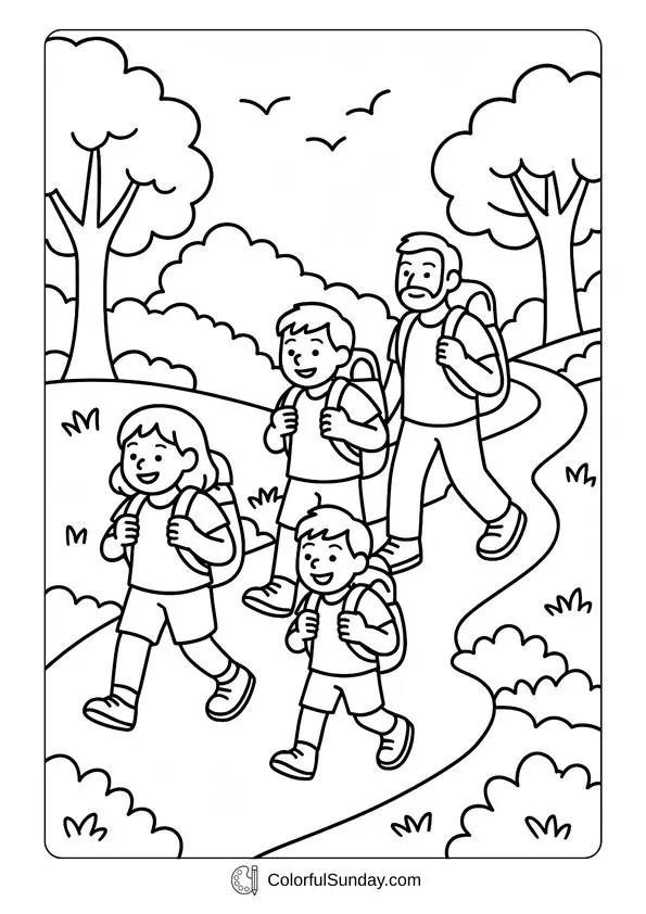September Mountain Hike Coloring Page A family hiking along a winding mountain path with backpacks and trees all around, illustrated in a September outdoor adventure coloring page.