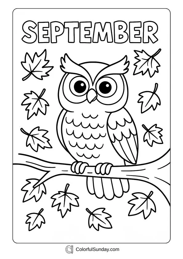 September Smiling Owl Coloring Page September owl perched on a tree branch surrounded by falling leaves coloring page.