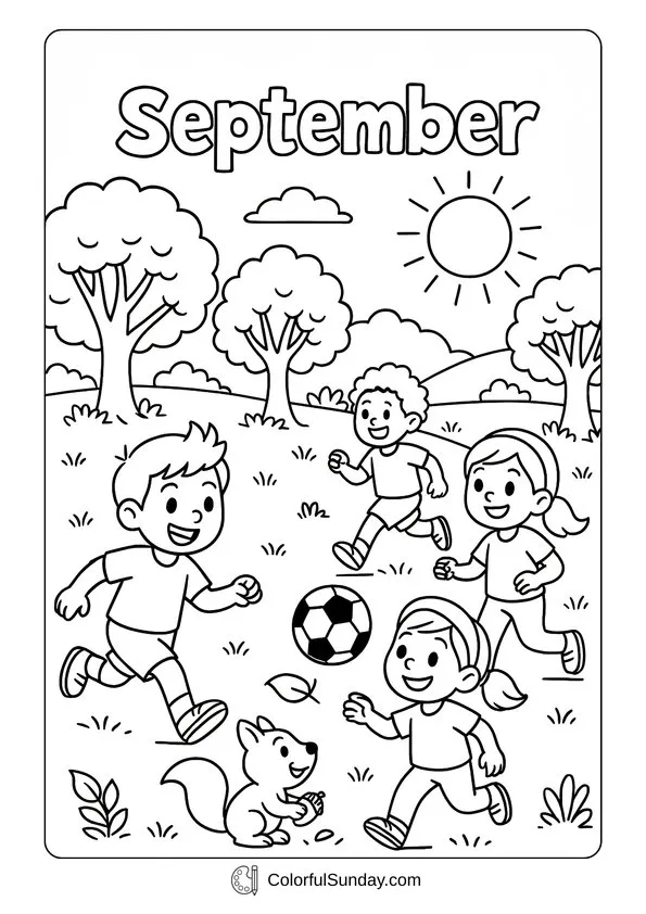 September Sports Fun Coloring Page Kids playing soccer in the park with a squirrel under the September sun in a coloring page.