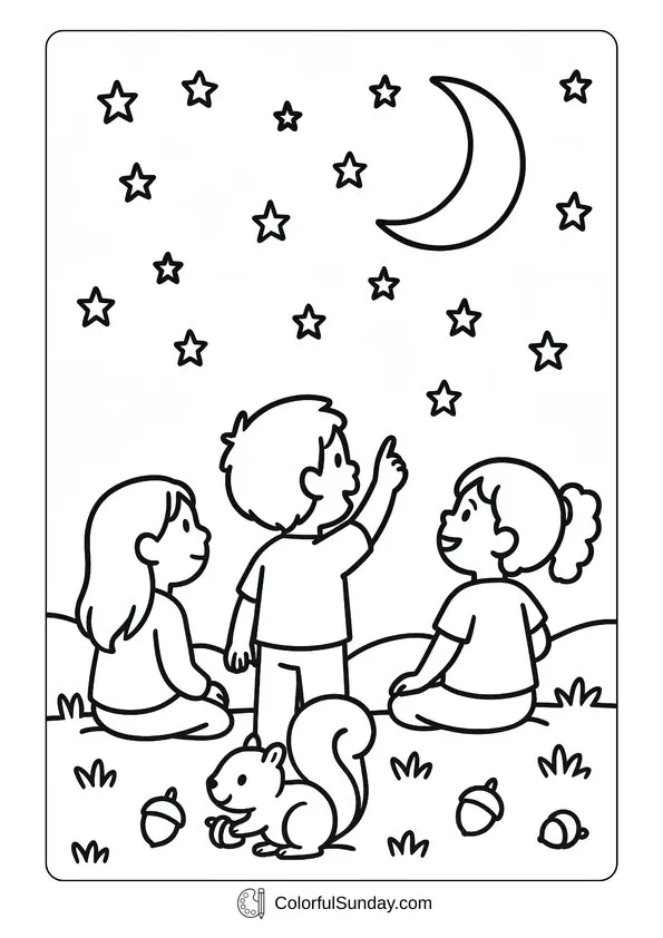 September Starry Night Coloring Page Children watching the night sky with stars and a crescent moon in a September coloring page.