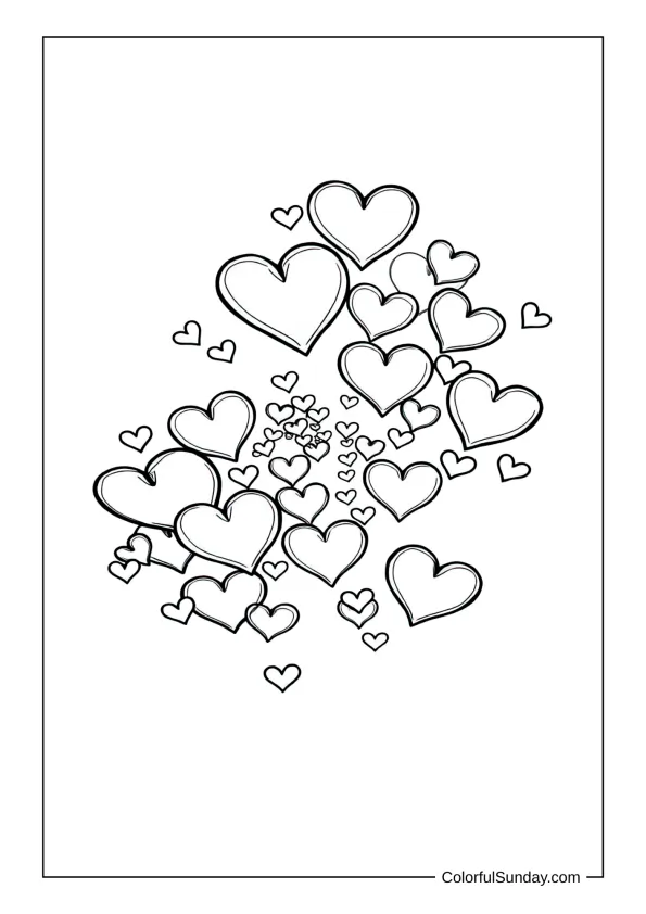 Swirling group of hearts in a coloring page