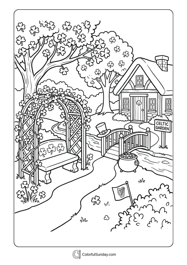 Coloring page scene of a peaceful garden reflecting calm St. Patrick’s Day moments.