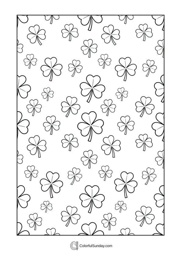 A repeating shamrock pattern decorates the entire page in this St. Patrick’s Day coloring page.