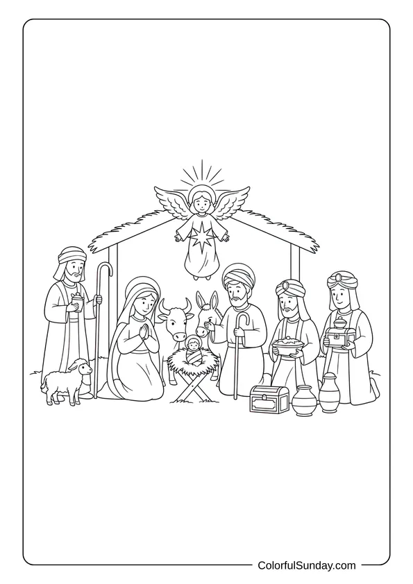 A nativity coloring page with shepherds and three kings visiting baby Jesus and the holy family.