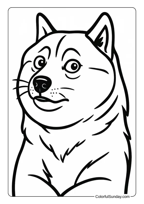 Doge coloring page showing a close-up of the famous Shiba Inu meme dog with a curious expression.