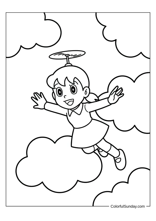 Shizuka from Doraemon flying with Take Copter coloring page.