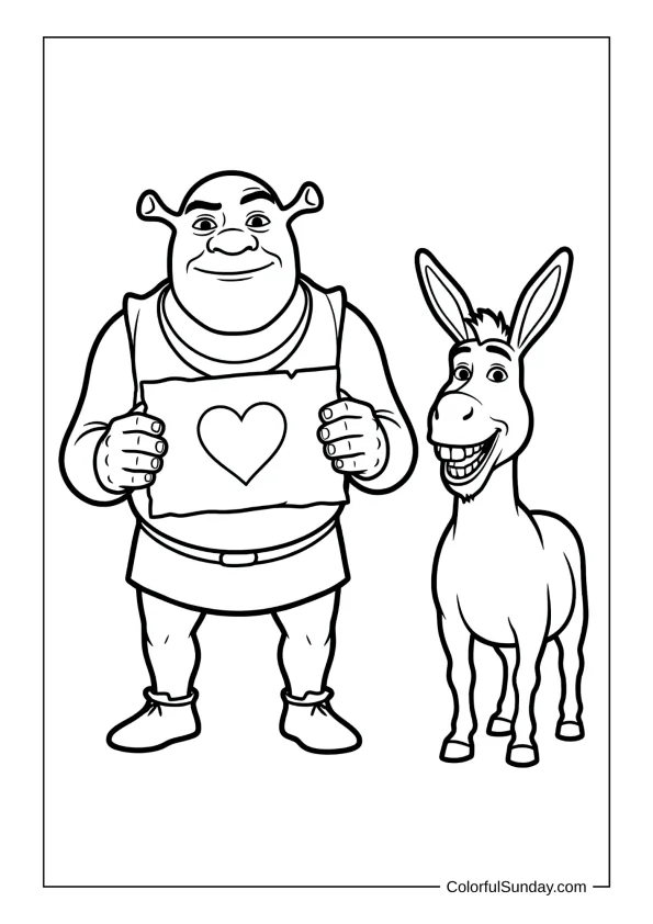 Shrek and Donkey with heart in a coloring page