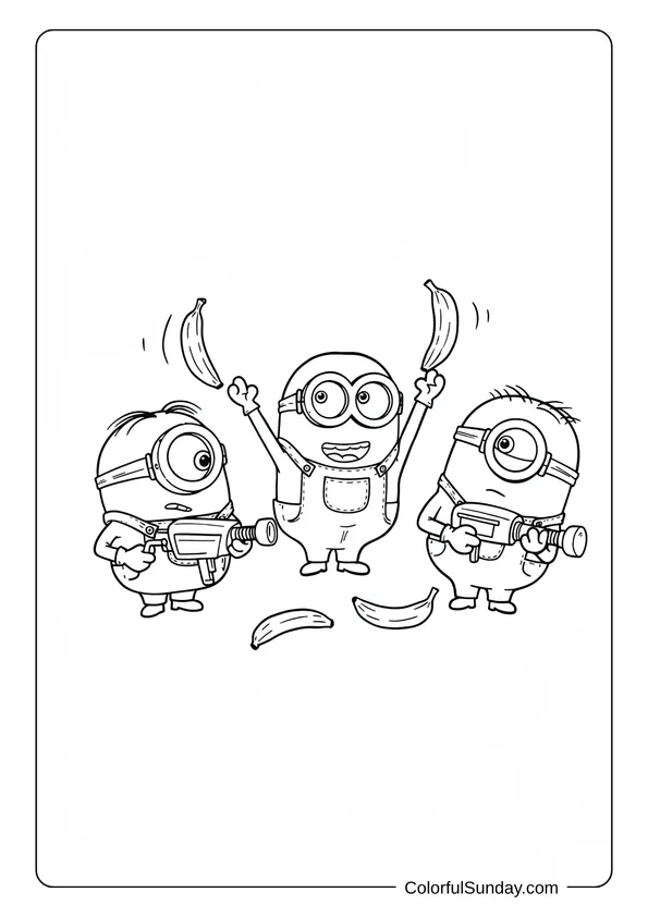 Minions holding banana blasters and celebrating their latest gadget success in this lively coloring page.