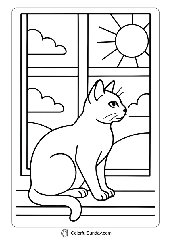 A Siamese cute cat sitting by a sunny window in a coloring page style.