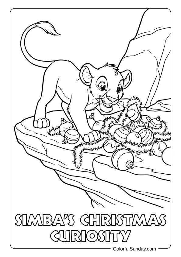 Simba plays with Christmas ornaments on a branch during Disney Christmas in a Lion King coloring page