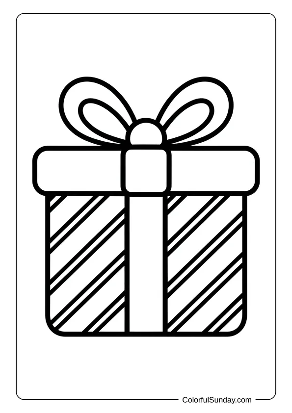 Coloring page of a Christmas present with striped wrapping and a neat bow on top.
