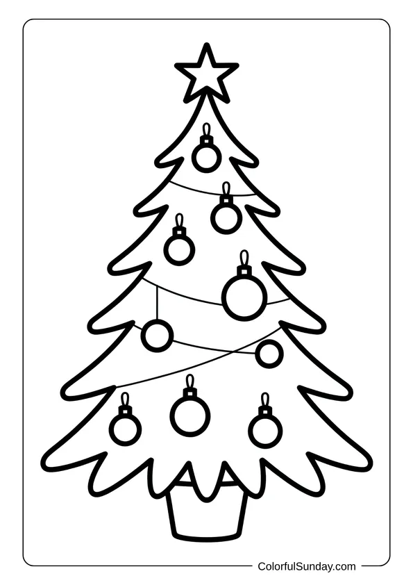 A simple Christmas tree with ornaments and a star on top, shown in a festive coloring page.