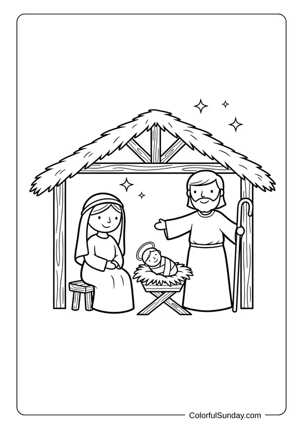 A simple holy family nativity coloring page showing Mary, Joseph and baby Jesus together.