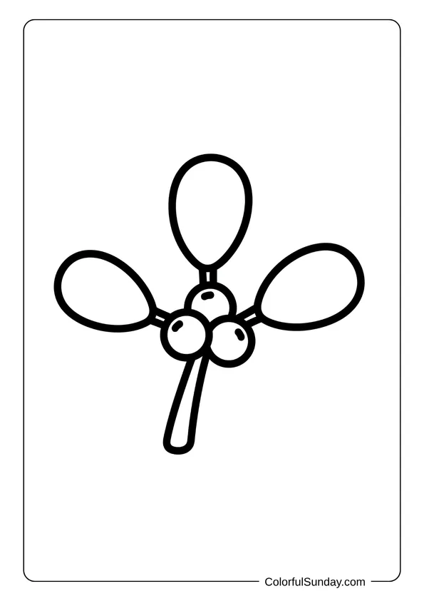 A coloring page of a simple mistletoe sprig for kids.