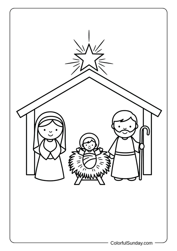 A simple nativity coloring page perfect for preschoolers to color with basic shapes and outlines.