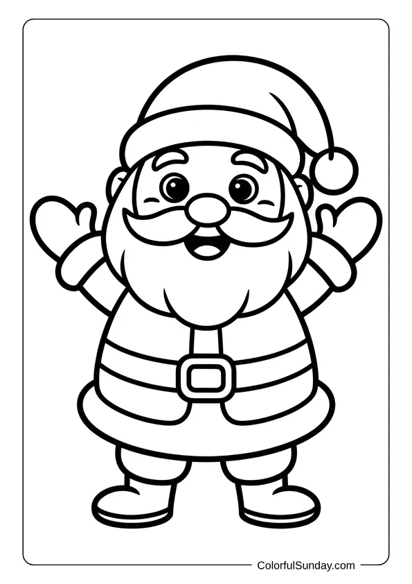 A cute drawing of Santa Claus with open arms and a big smile, shown in a joyful coloring page.