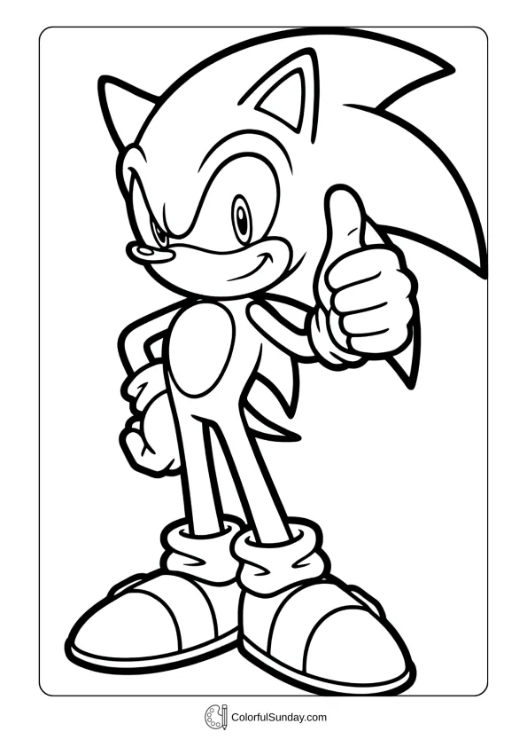 A simple coloring page of Sonic the Hedgehog with thumbs up to color
