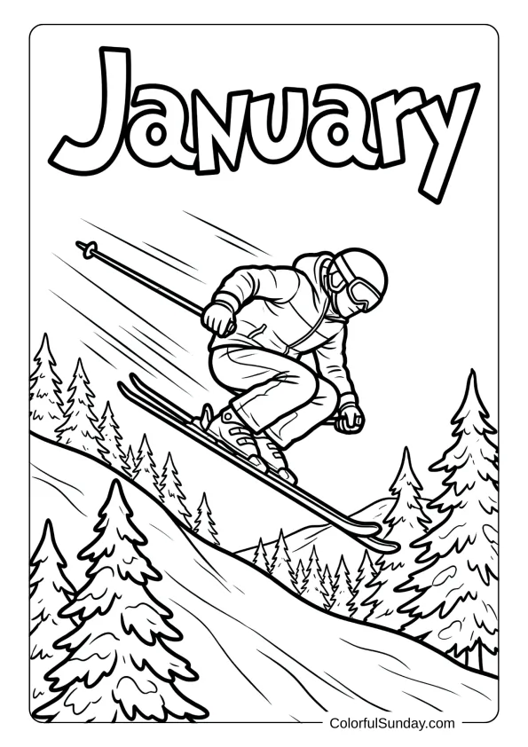 A coloring page showing a skier zooming down slopes during January adventure coloring page