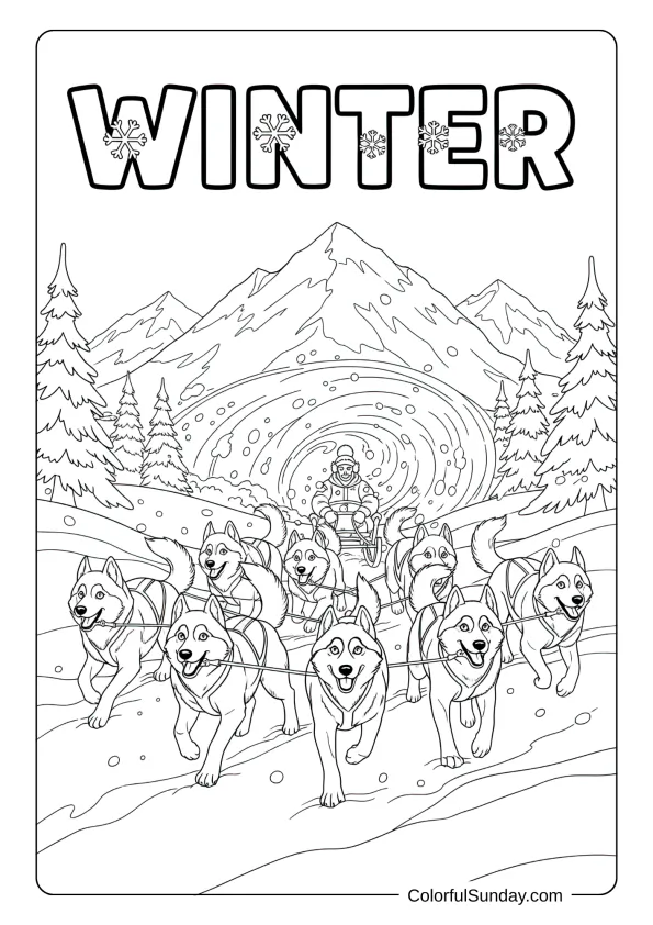 Energetic huskies pull a sled across snowy landscape in this winter sled dog team coloring page.
