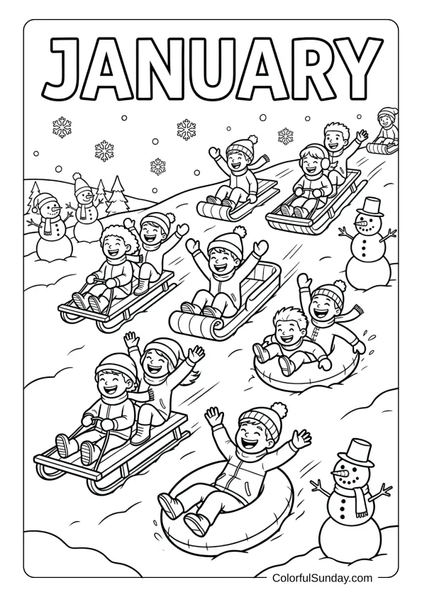 A coloring page of children racing down snowy hills on sleds during January fun coloring page
