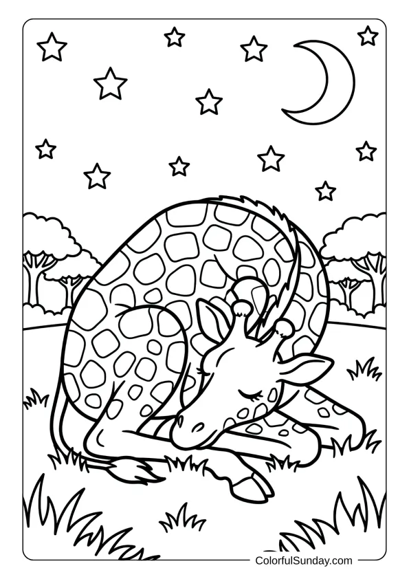 A tired giraffe curled up on soft grass under starry sky peacefully sleeping coloring page.