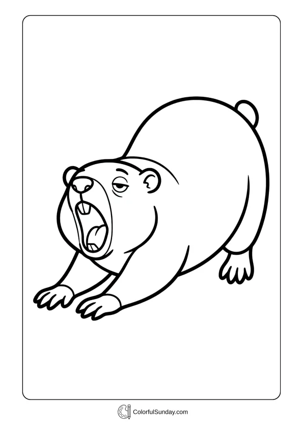 Sleepy groundhog yawning and stretching while waking up in this cute Groundhog Day coloring page