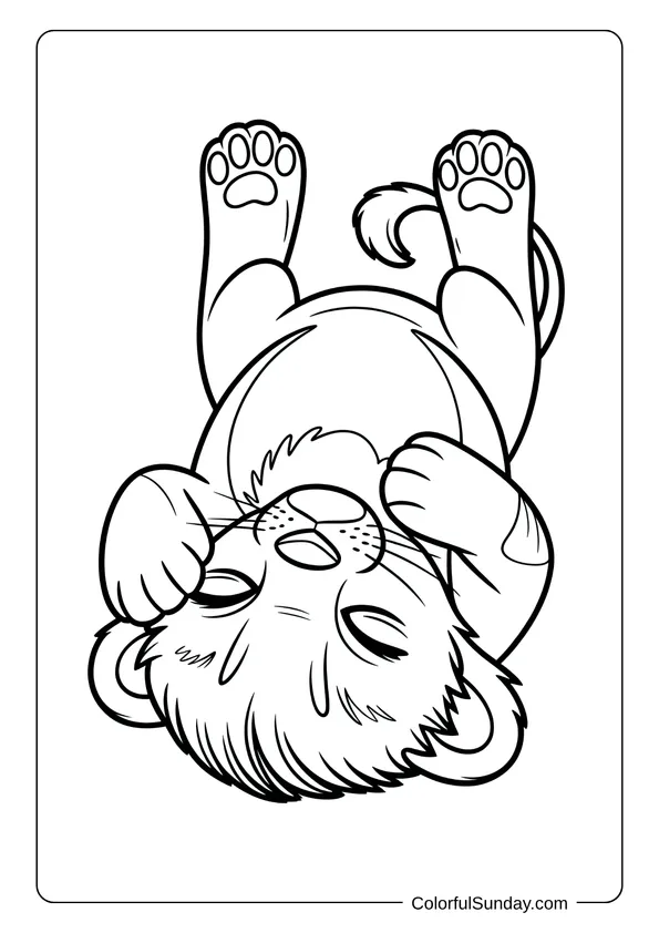 A cute lion cub sleeping on its back with paws in the air in a calm and peaceful coloring page.