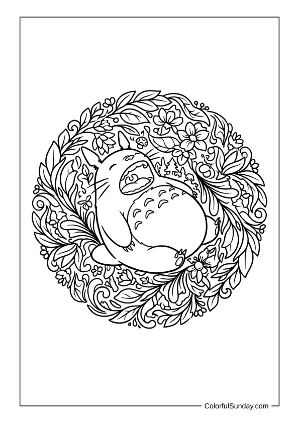 Yawning Totoro nestled among swirling leaves and flowers forming a mandala on a peaceful coloring page