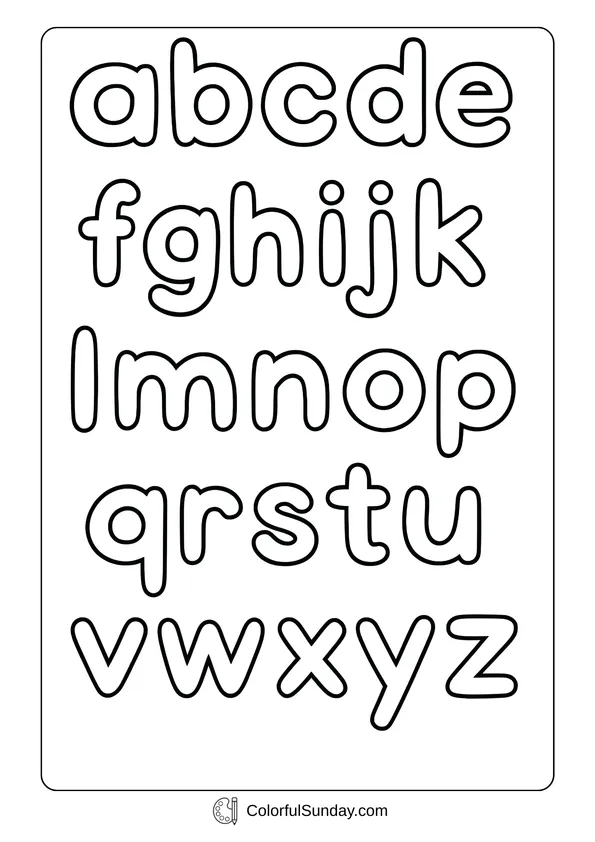Lowercase alphabet from a to z in rounded style, easy learning coloring page.