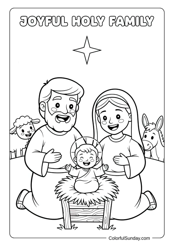 A nativity coloring page showing the smiling holy family with happy joyful expressions throughout.