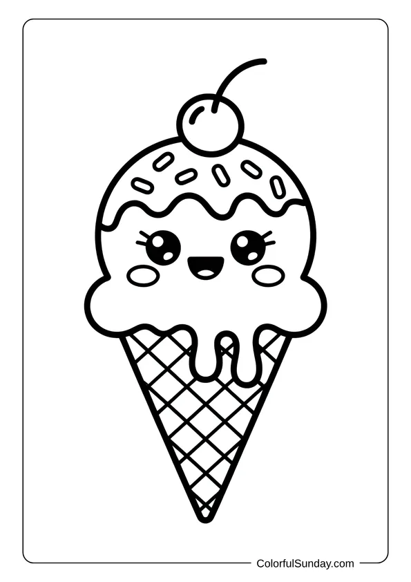 Melting ice cream cone with a cherry on top and a happy face, perfect for a kawaii coloring page.
