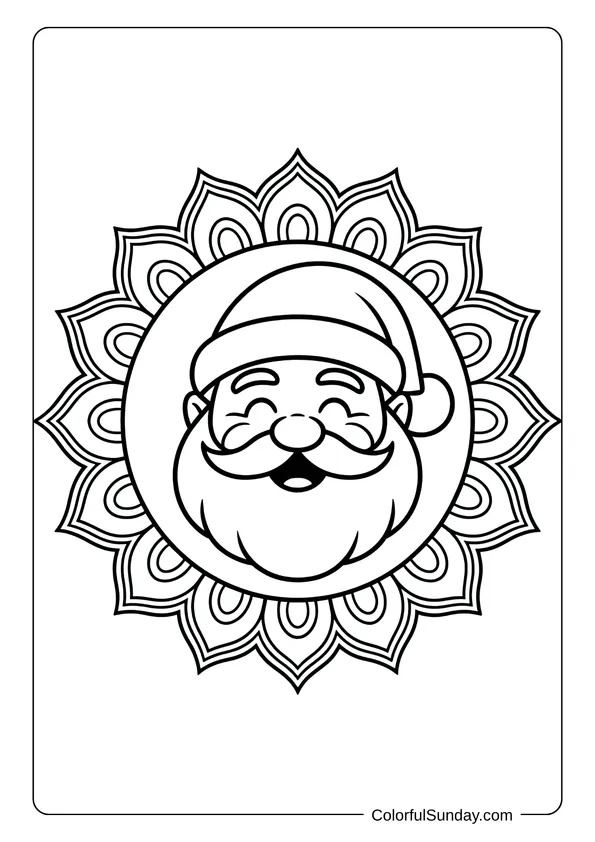 Smiling Santa face framed by a mandala pattern, shown in a relaxing Christmas-themed coloring page.