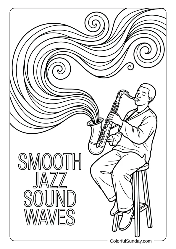 A coloring page showing relaxed performer playing mellow saxophone melodies with flowing curved lines representing sound waves.