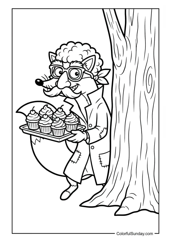 Swiper wearing a fake moustache and sneaking with cupcakes behind a tree in this Dora the Explorer coloring page.