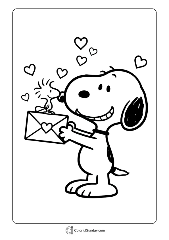 Snoopy happily receives a love letter from Woodstock on a Valentine's Day coloring page.