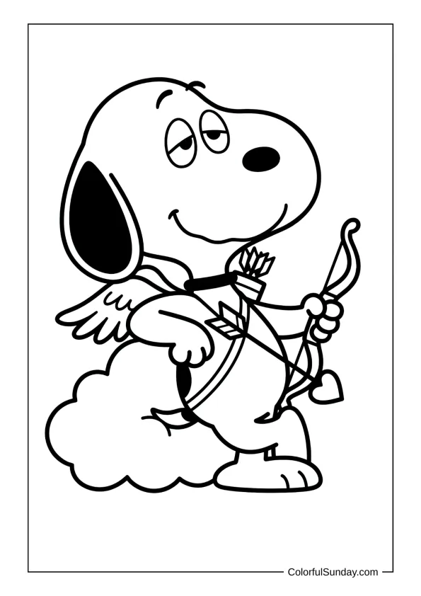Snoopy Cupid relaxed and dreamy while aiming a heart arrow in a charming coloring page.