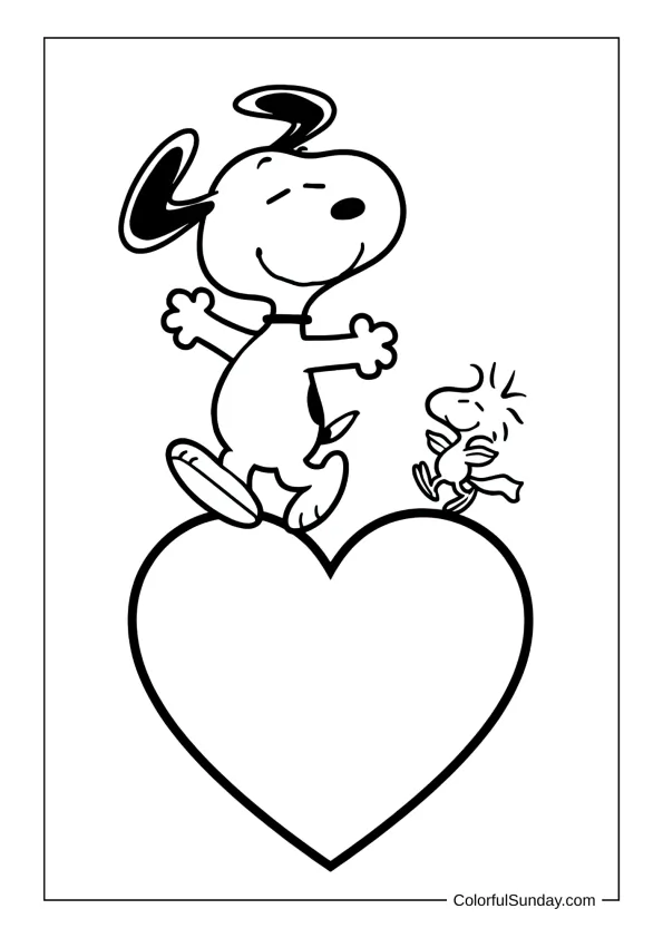Snoopy with heart coloring page for kids