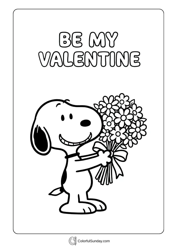 A coloring page of Snoopy holding a flower bouquet and smiling for Valentine's Day.