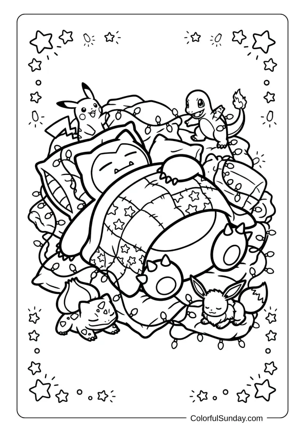Snorlax snoozing under a cozy blanket surrounded by Christmas Pokémon and twinkling lights coloring page.