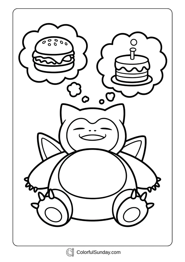 Pokemon Badges And Logo Coloring Page Snorlax dreams of a burger and cake while resting, shown in this playful Pokémon coloring page.
