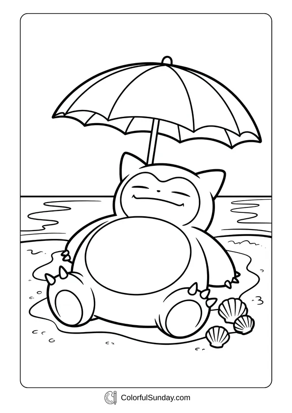 Pokemon Badges And Logo Coloring Page Snorlax relaxes on the beach under a large umbrella beside seashells in this Pokémon coloring page.