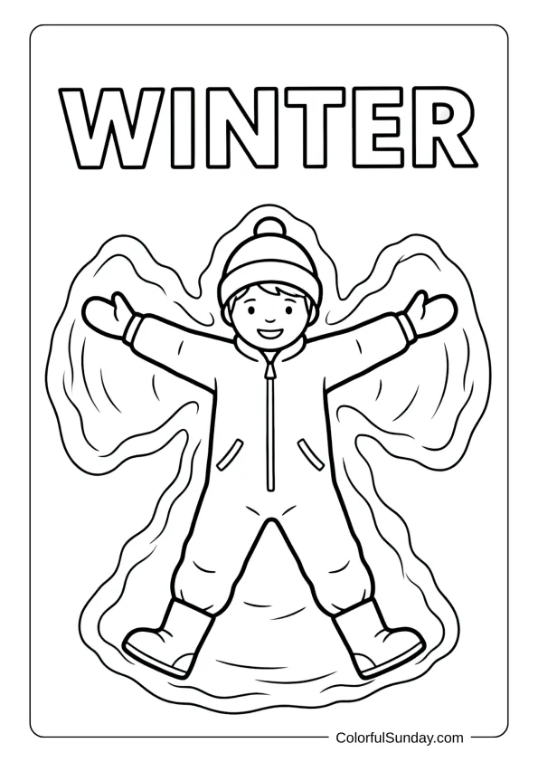 A child lies in fresh snow creating a snow angel in this winter coloring page.