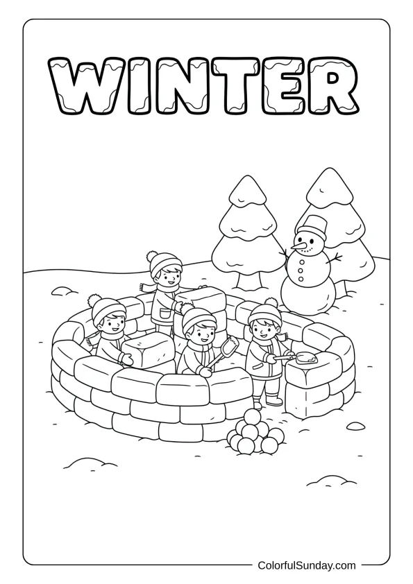Kids construct snow fort walls in this winter playtime coloring picture.