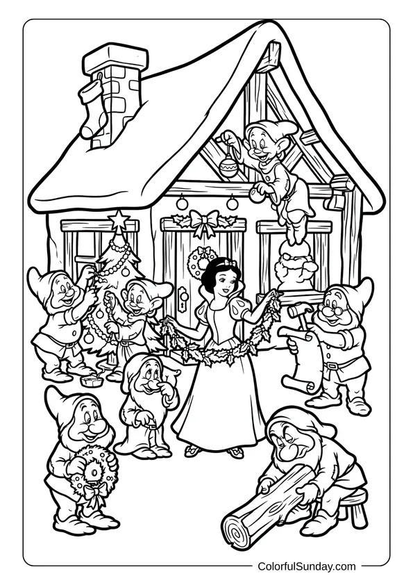 Snow White with seven dwarfs decorating cottage for cozy celebration in this Disney Christmas coloring page.