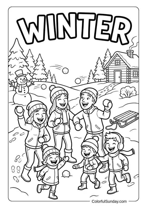 Friends laugh and toss snowballs in this winter coloring picture of outdoor fun.