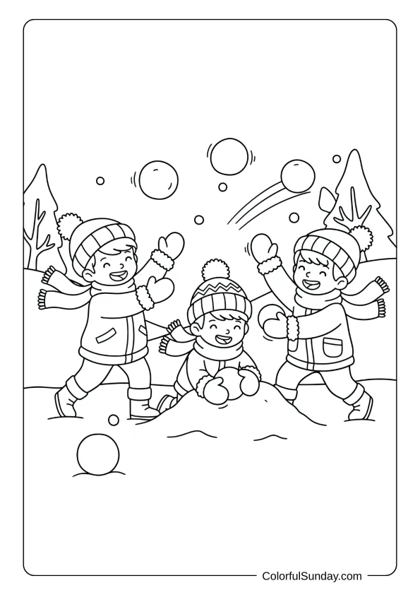 Mittens coloring page featuring children wearing mittens having a snowball fight.